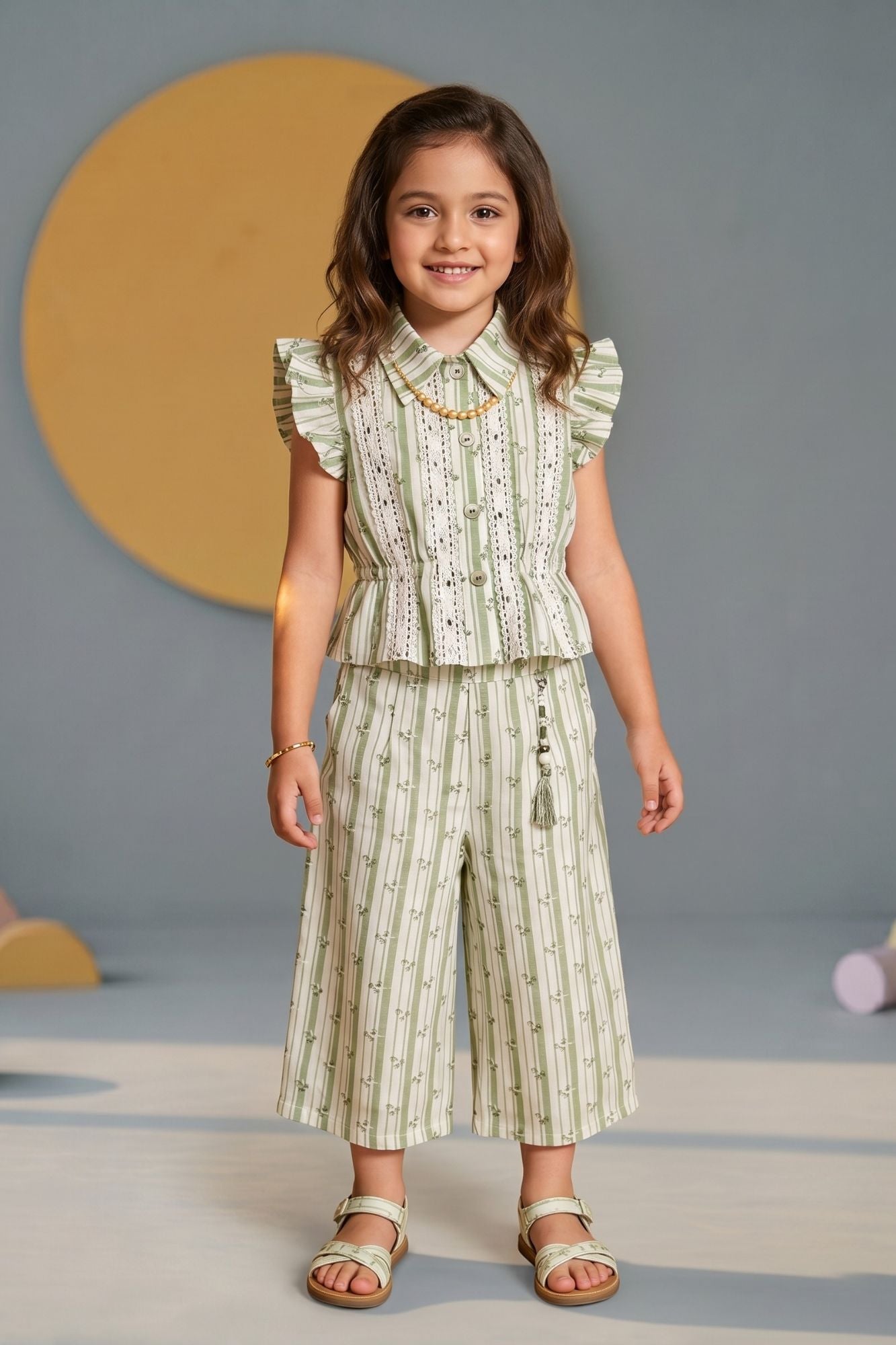 Sage Green Striped Lace Detail Co-Ord Set