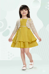 Mustard Frock With 3/4th Sleeves Crochet Overcoat For Girls