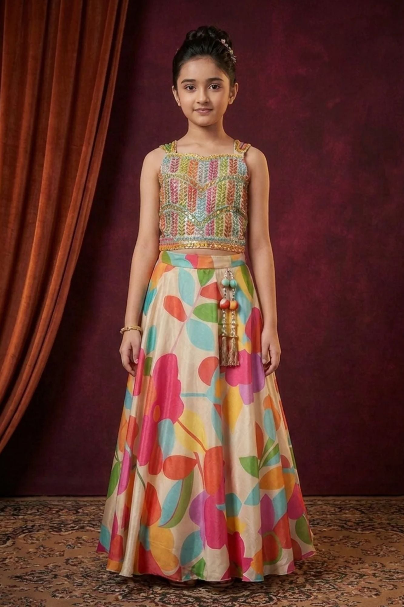 Multicolor Mirror-Embroidered Lehenga Choli Set for Girls
