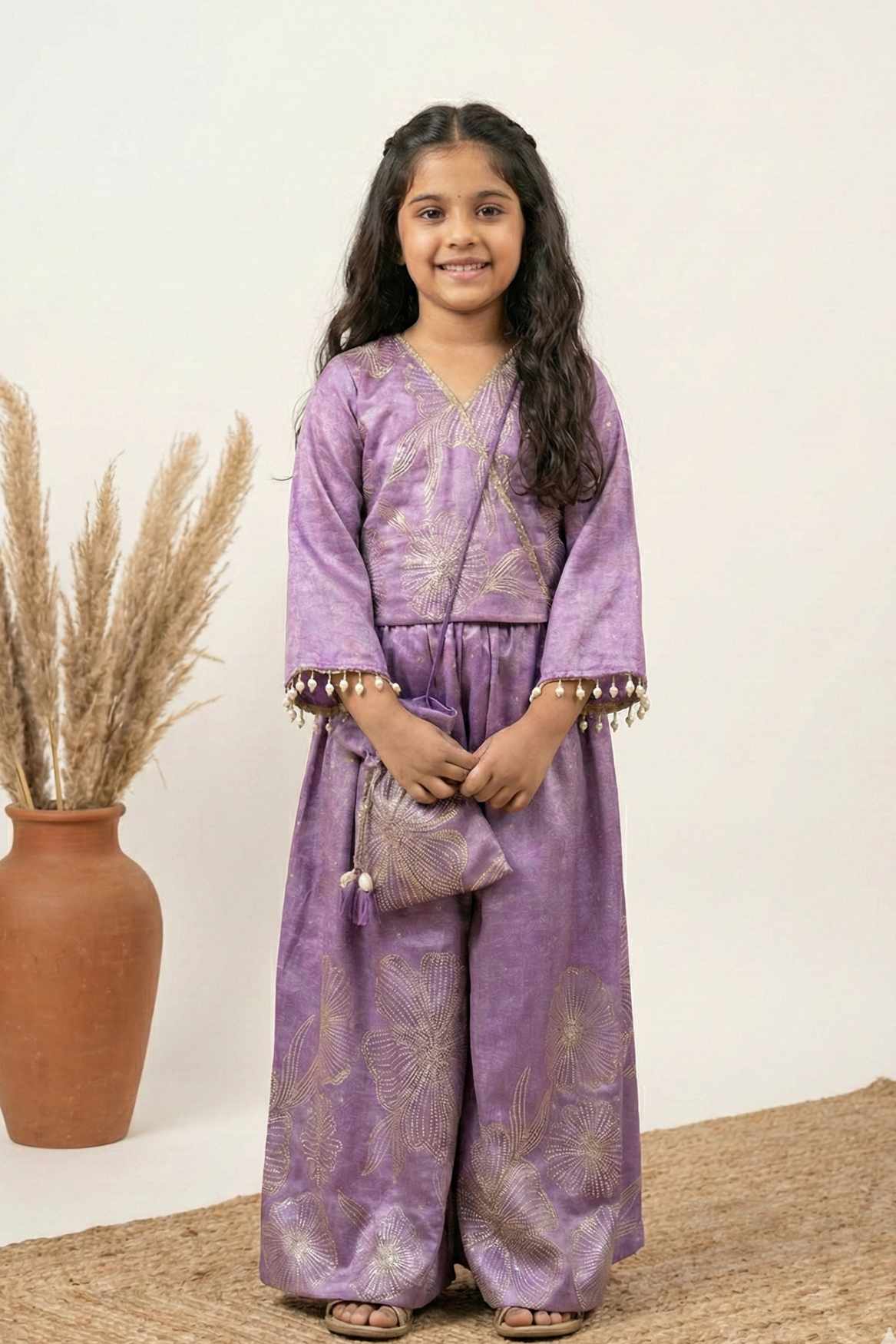 Designer Lavender Embroidered Palazzo Set with Potli Bag for Girls