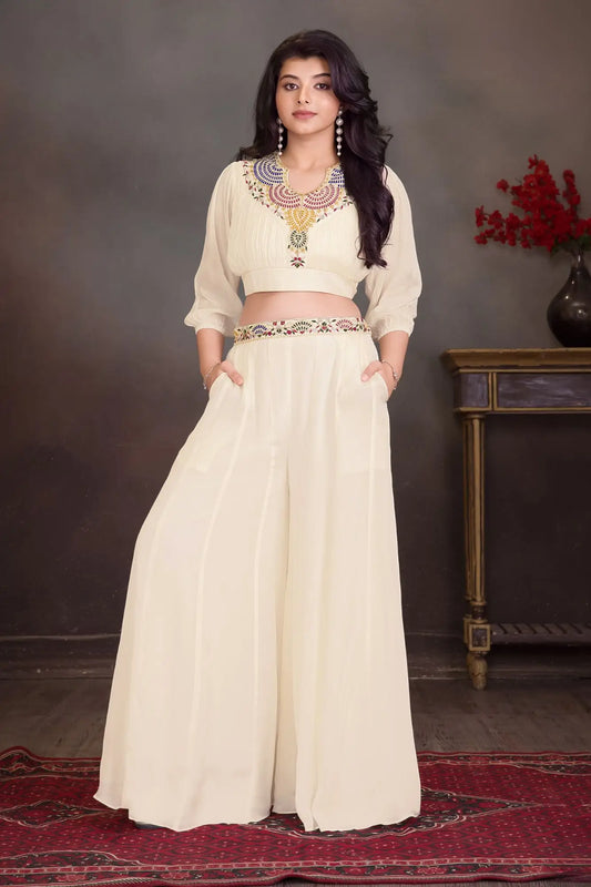Designer Cream Palazzo Set With Multicolor Thread Embroidery for Girls