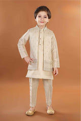 Fawn Sherwani Set With Sequin Embroidery For Boys