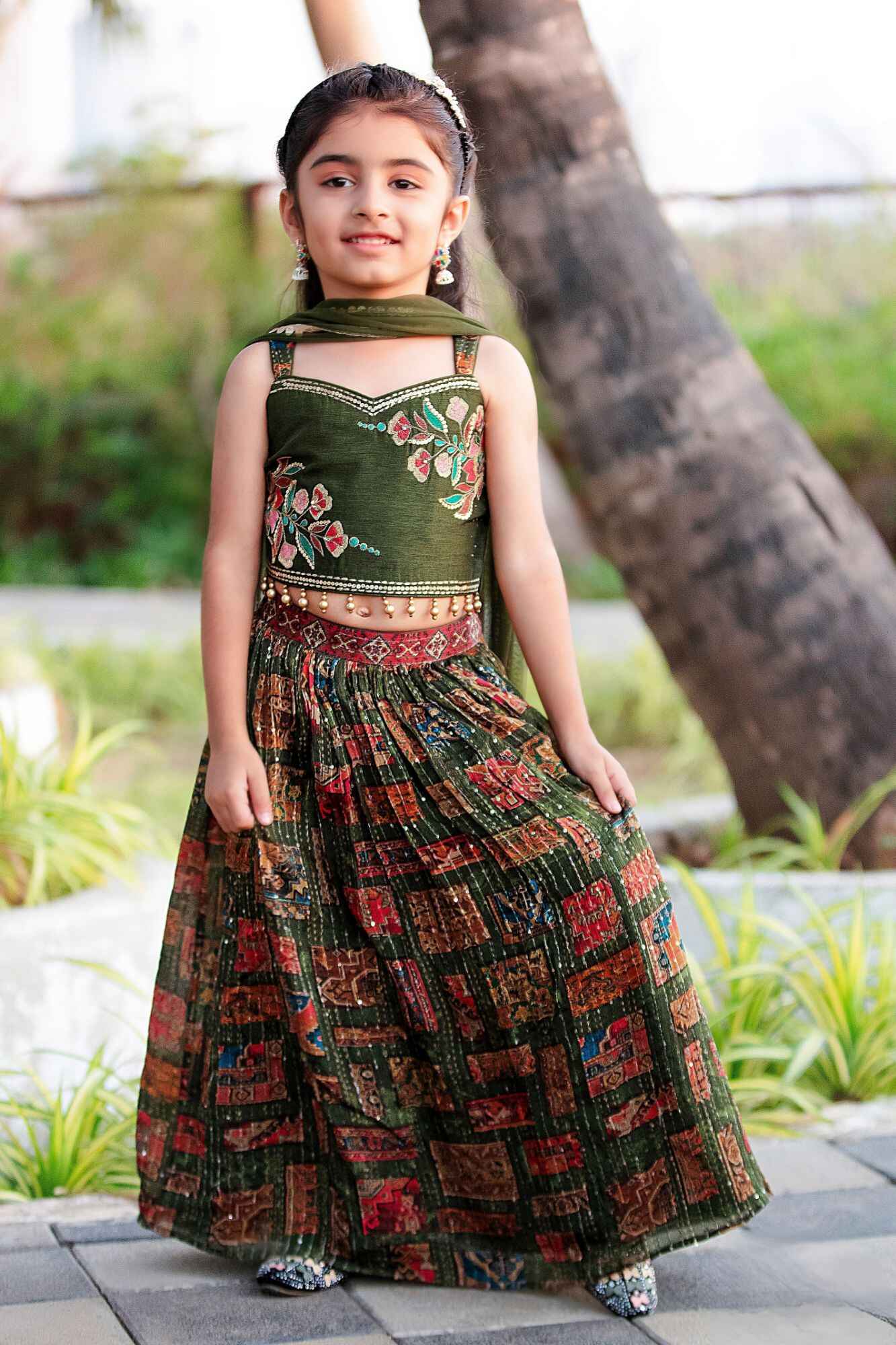 Girls Olive Green Embroidered Lehenga Choli Set with Traditional Print Skirt