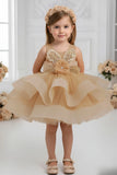 Golden Party Frock with Sequin Bow Accent For Girls