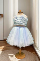 Stylish Blue Ruffled Top With Skirt Set For Girls