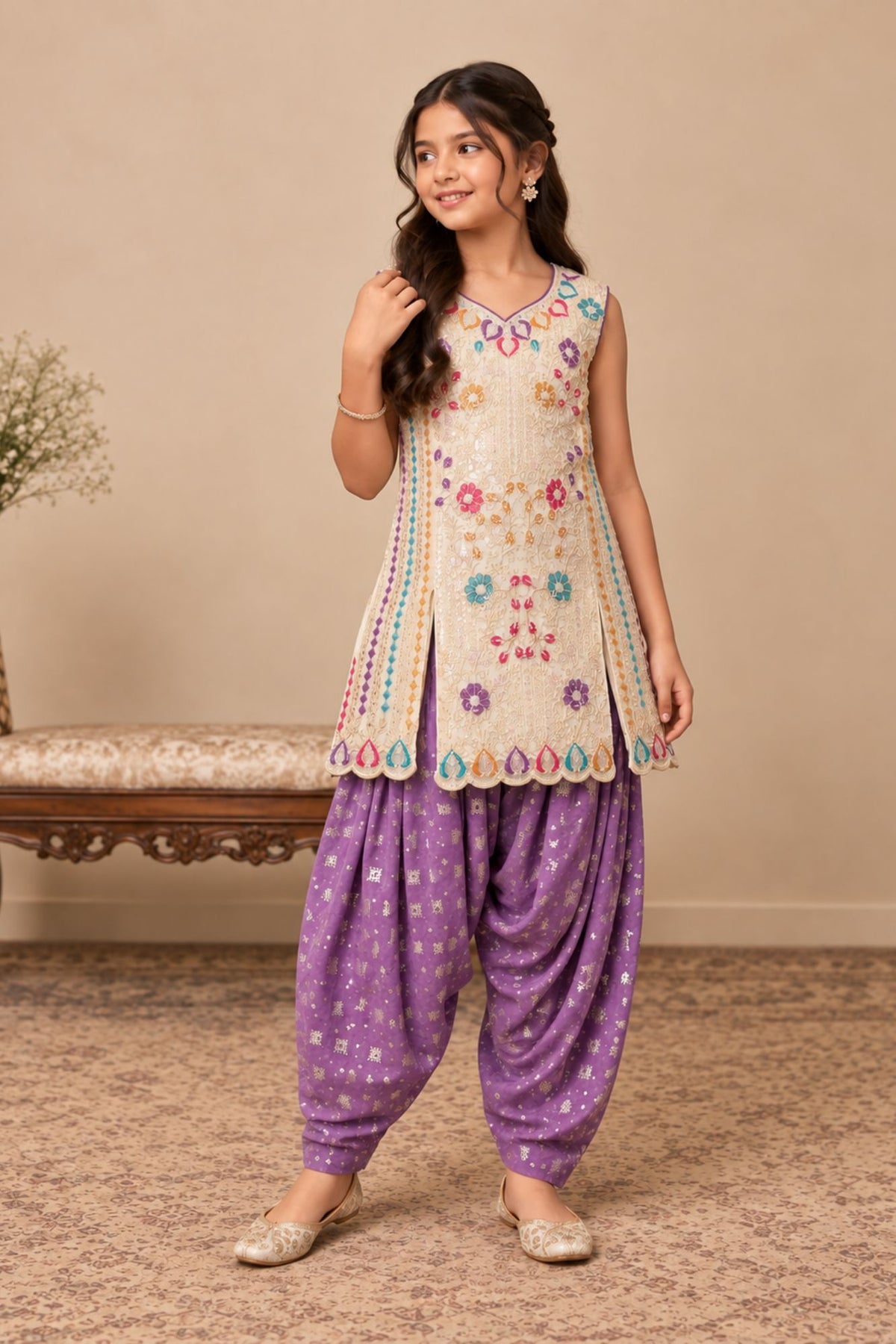 Lavender Embroidered Patiala Set with Dupatta For Girls
