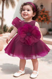Wine Bloom Dress with Giant Flower Appliqué And Bow Detail For Girls