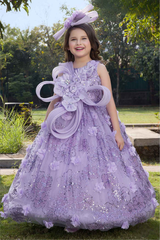 Luxe Purple Sequins Work And Floral Embellished Party Wear Gown For Girls