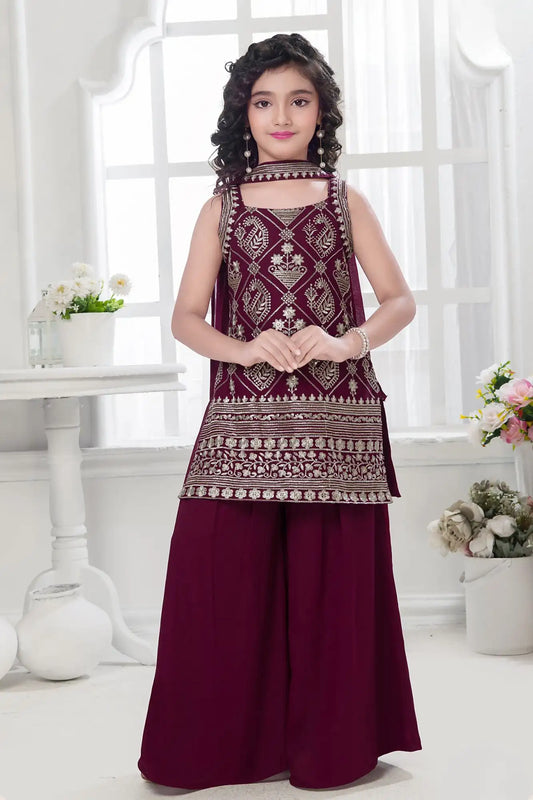 Wine Palazzo Set with Zari Embroidered Kurti and Dupatta For Girls
