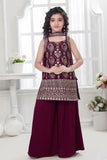 Wine Palazzo Set with Zari Embroidered Kurti and Dupatta For Girls