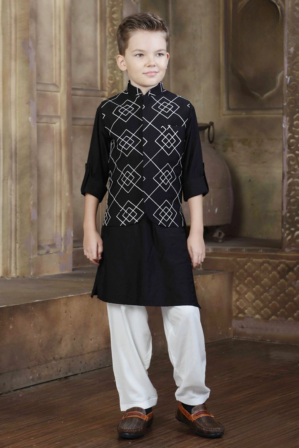 Black Printed Kurta Set with White Pajama For Boys