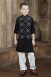 Black Printed Kurta Set with White Pajama For Boys
