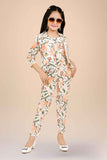 Trendy Mint Green And Cream Floral Printed Co Ord Set With Overcoat For Girls
