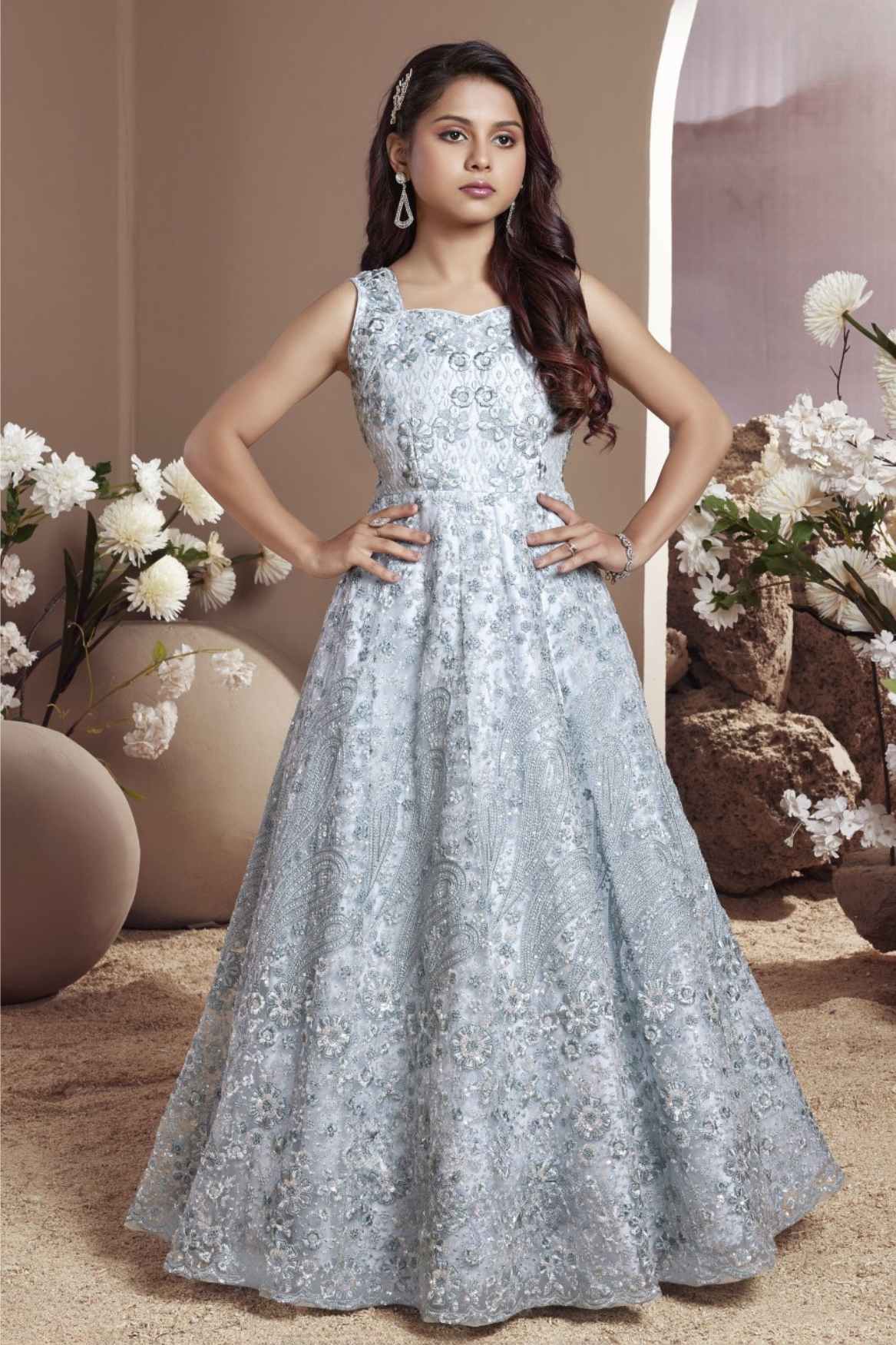 Pastel Blue Embroidered Party Wear Gown With Sequins Work For Girls