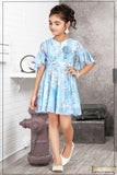 Blue Printed Frock With Bell Sleeves For Girls