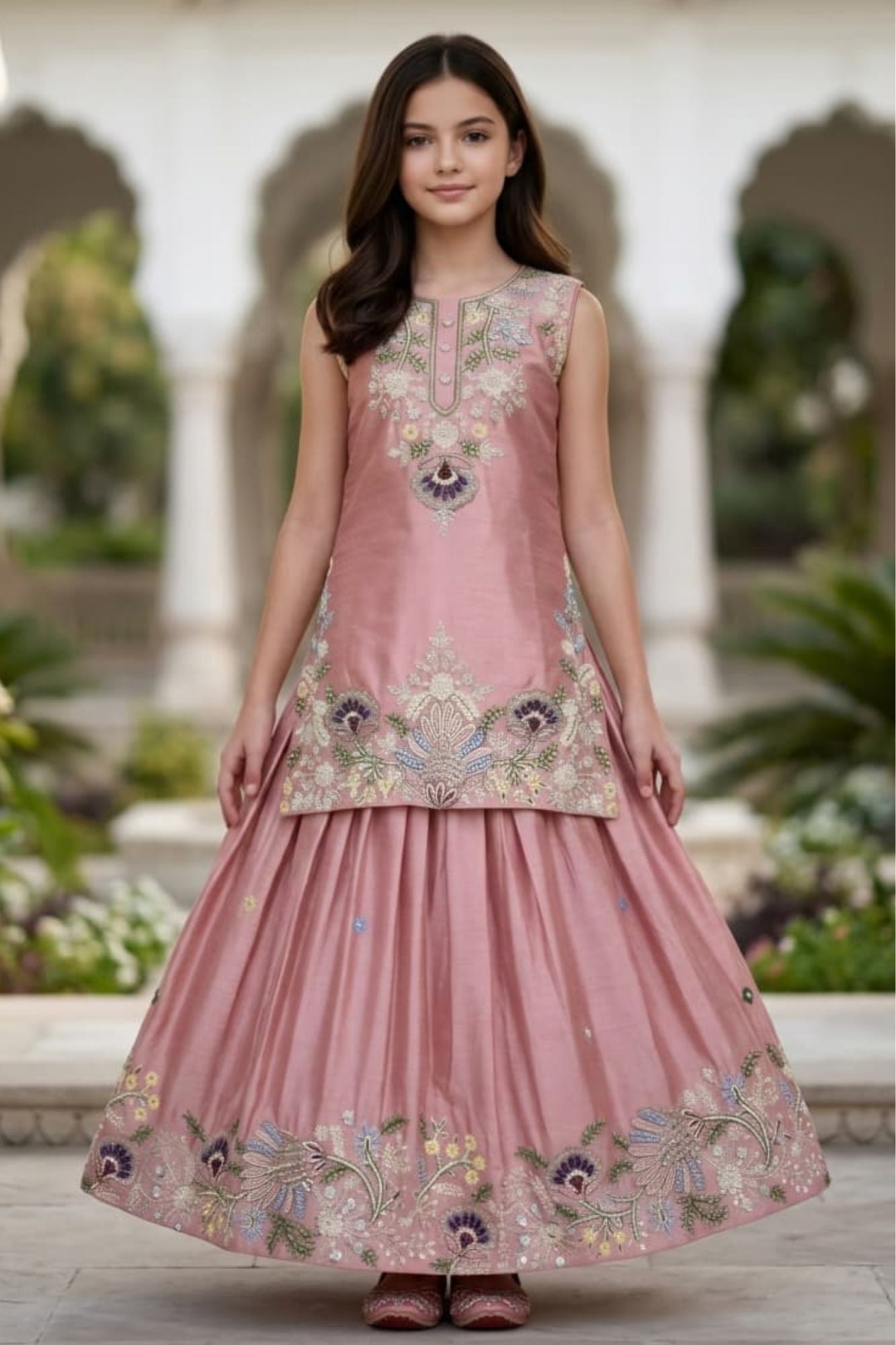 Girls Dusty Pink Embroidered Top with Flared Lehenga Set
