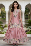 Girls Dusty Pink Embroidered Top with Flared Lehenga Set