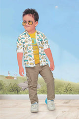 Cream Printed Shirt And Fawn Pant With T Shirt Set For Boys