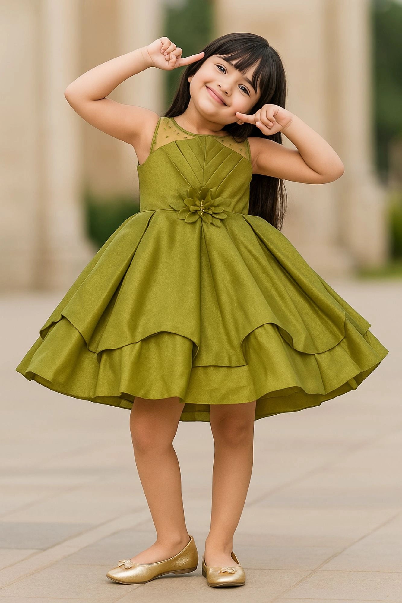 Olive Green Satin Party Wear Frock with Floral Waist Appliqué For Girls