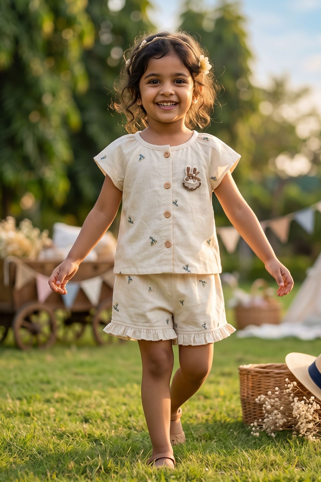 Adorable Girls Ivory Floral Print Top & Shorts Set with Ruffle Details