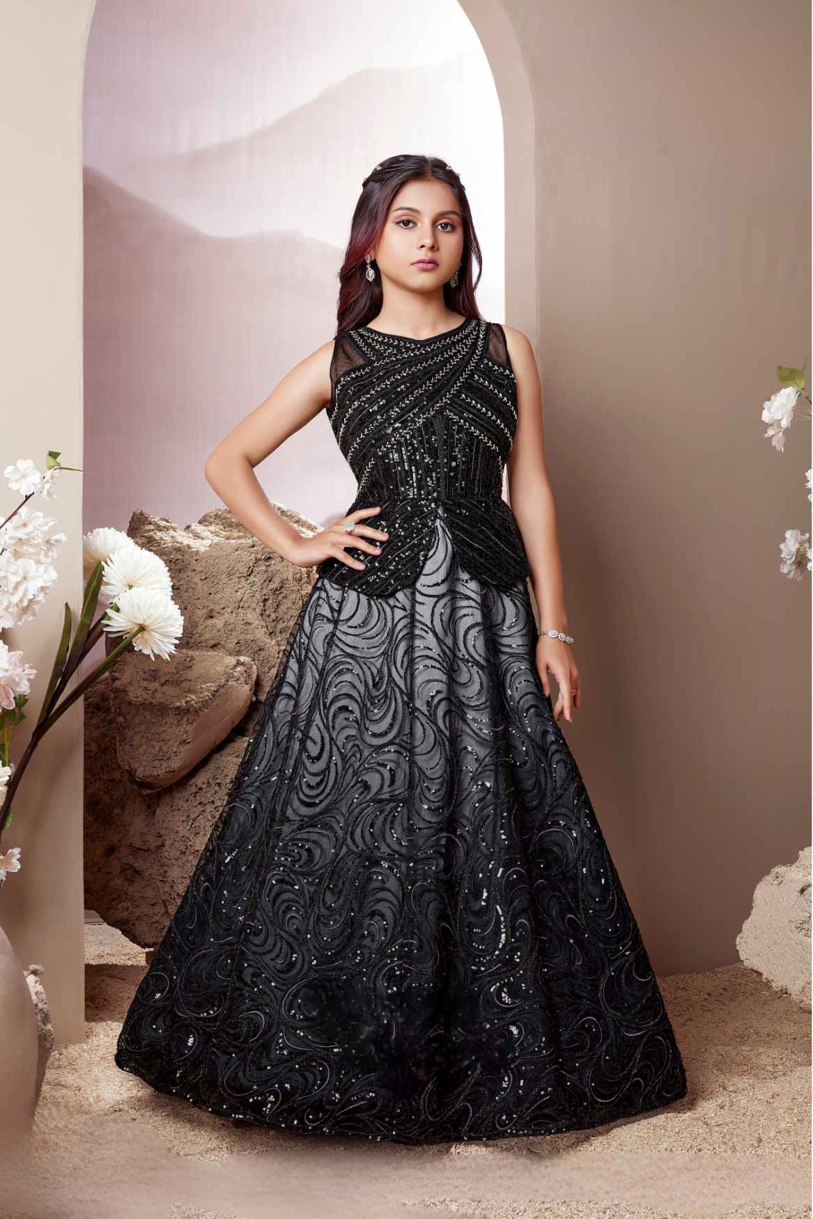 Classic Black Sequined Partywear Gown For Girls