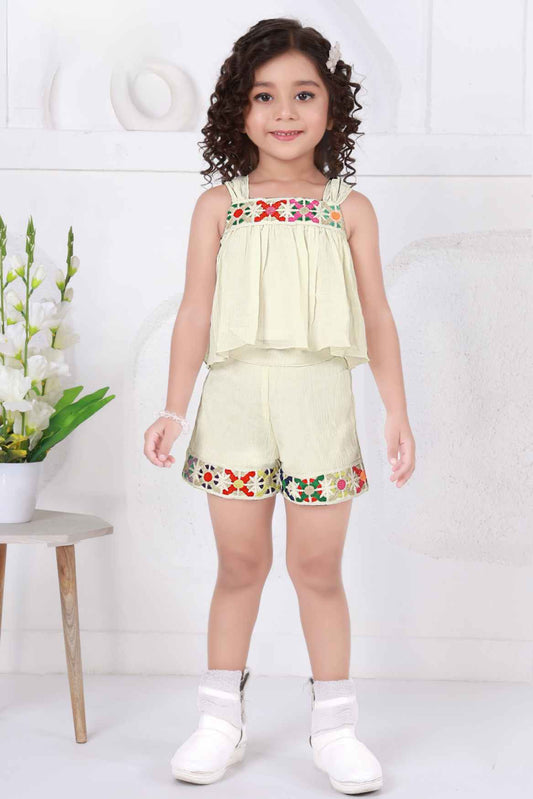 Cream Crochet Embellished Top and Shorts Set For Girls