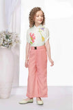 Peach Wide-Leg Pant With Floral Printed White Shirt For Girls