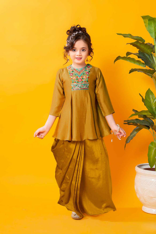 Mustard Embroidered Top With Dhoti Bottom Set For Girls