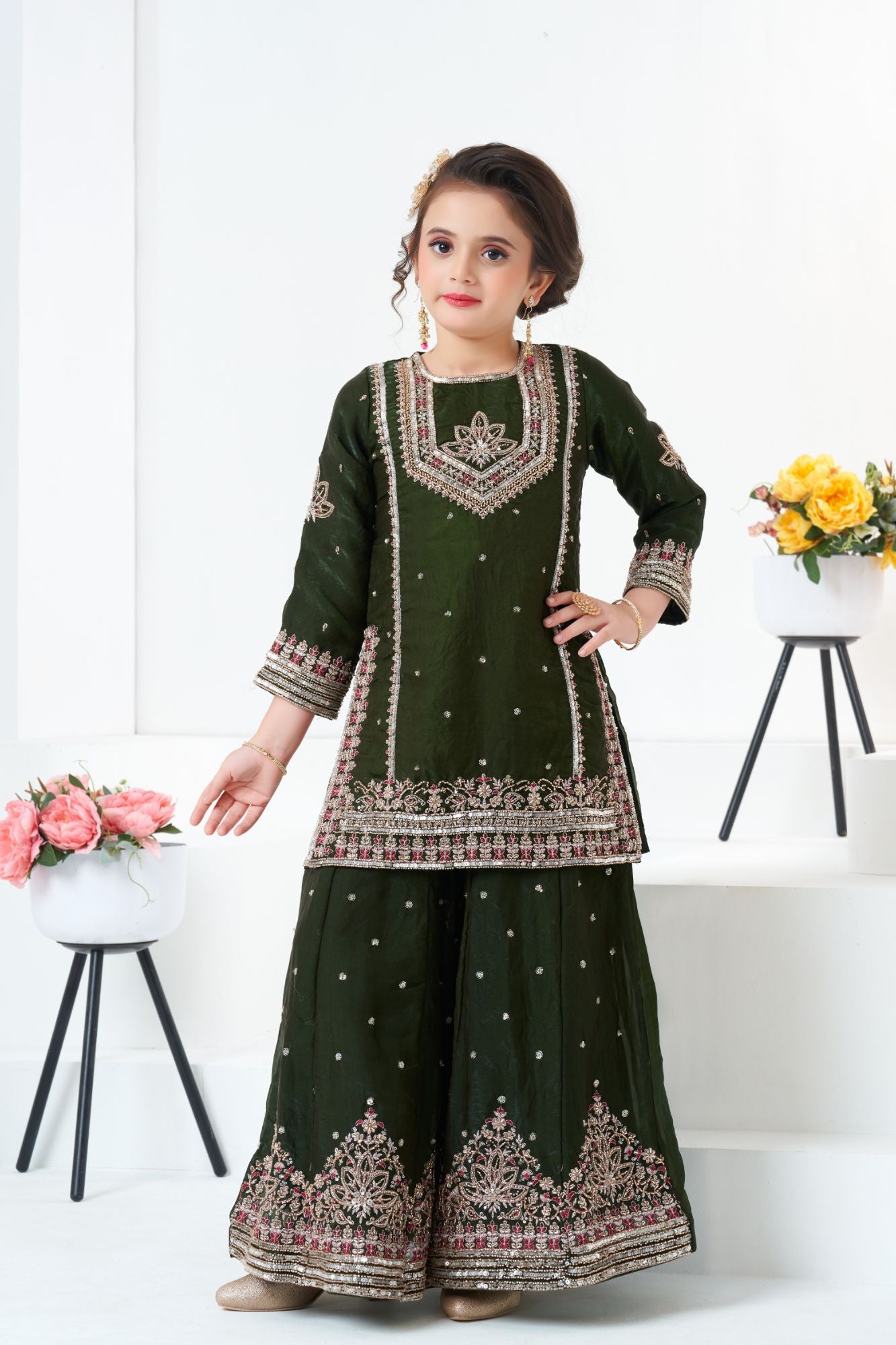 Dark Green Embroidered Kurti with Flared Palazzo Set For Girls