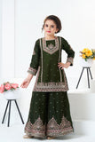 Dark Green Embroidered Kurti with Flared Palazzo Set For Girls