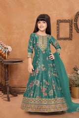 Green Printed Gown With Sequin And Embroidery Work For Girls