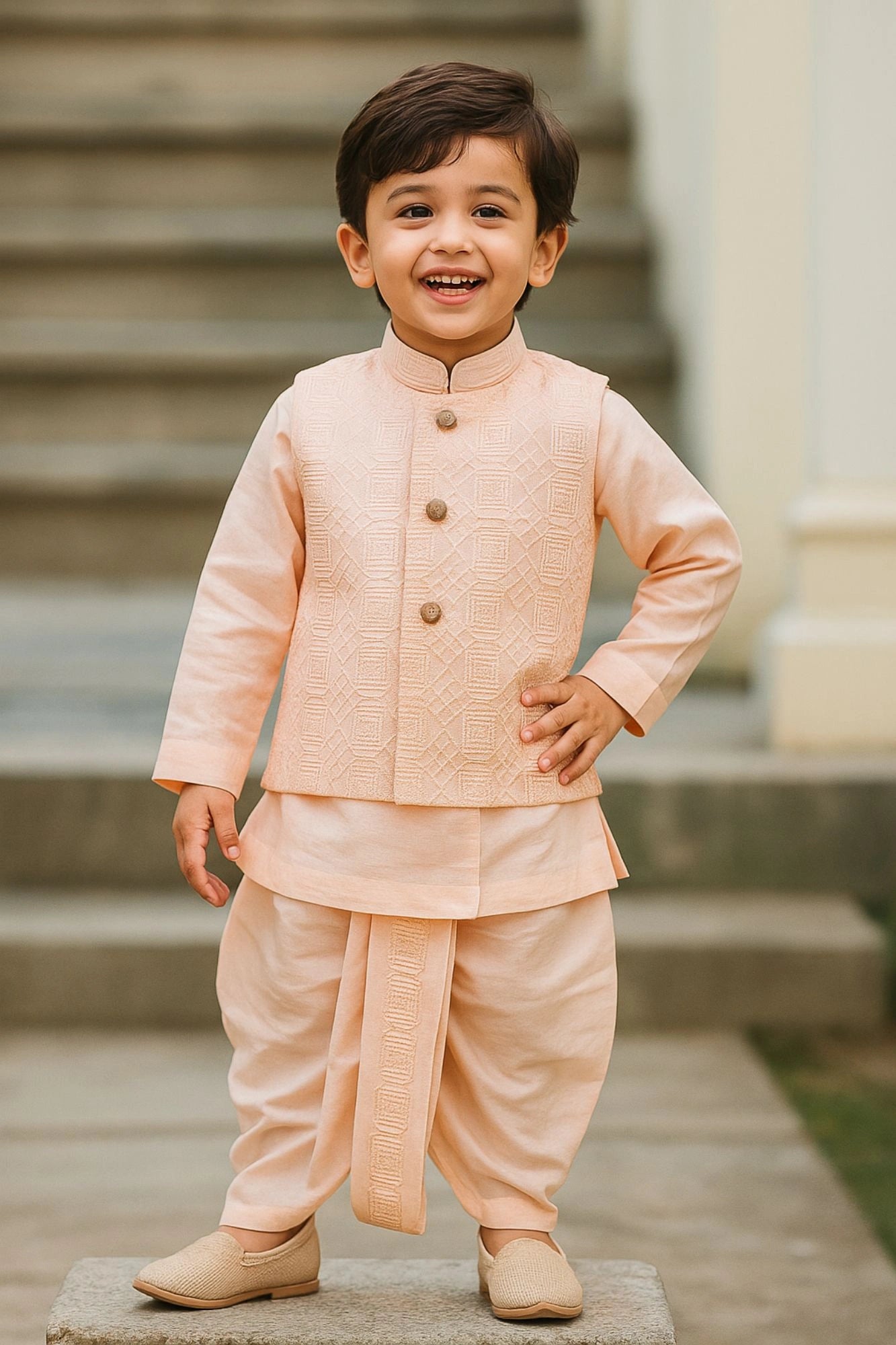 Peach Dhoti Kurta Set With Embroidered Nehru Jacket For Boys
