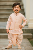Peach Dhoti Kurta Set With Embroidered Nehru Jacket For Boys