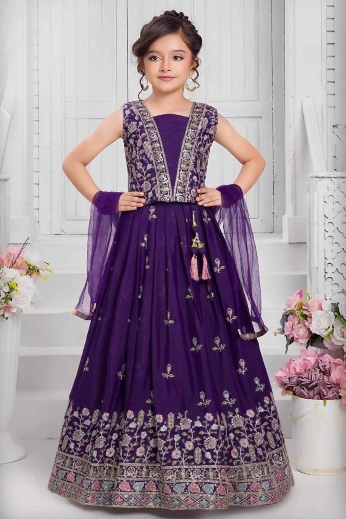 Purple Sequins Embroidered Lehenga Choli Set for Girls