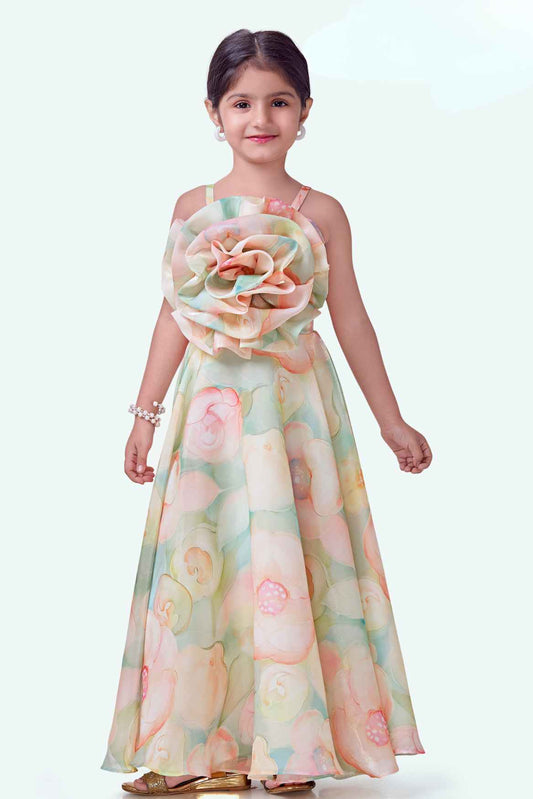 Trendy Green Floral Embellished And Printed Gown For Girls