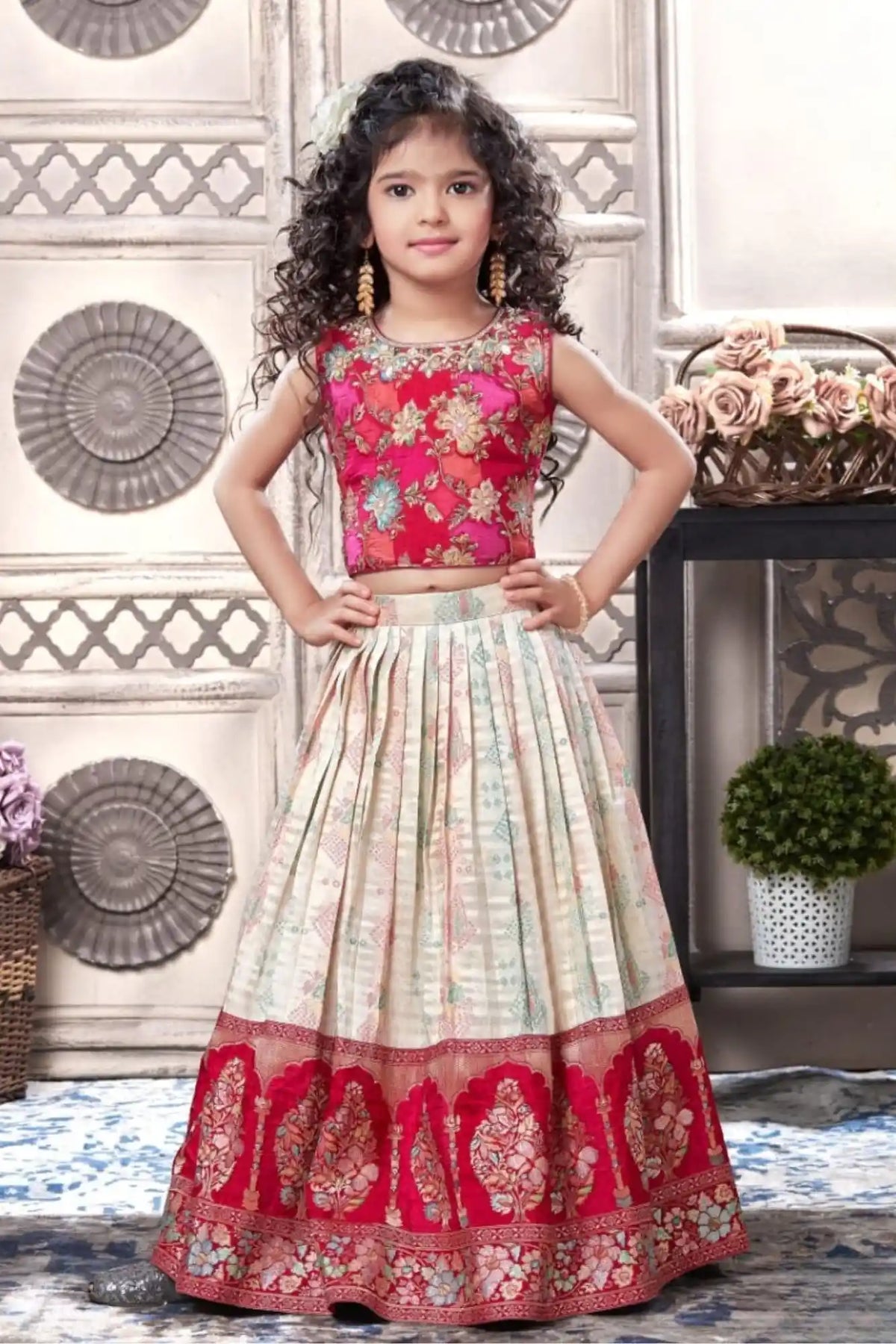 Traditional Cream & Pink Embroidered Pattu Pavadai Set for Girls