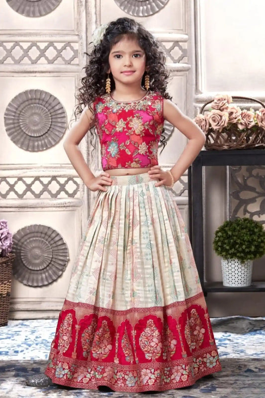 Traditional Cream & Pink Embroidered Pattu Pavadai Set for Girls