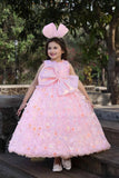 Peach Party Wear Gown With Sequin Flowers And Giant Bow For Girls