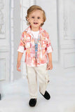 Orange Printed Shirt And Beige Blue Pant With White T-Shirt Set For Boys