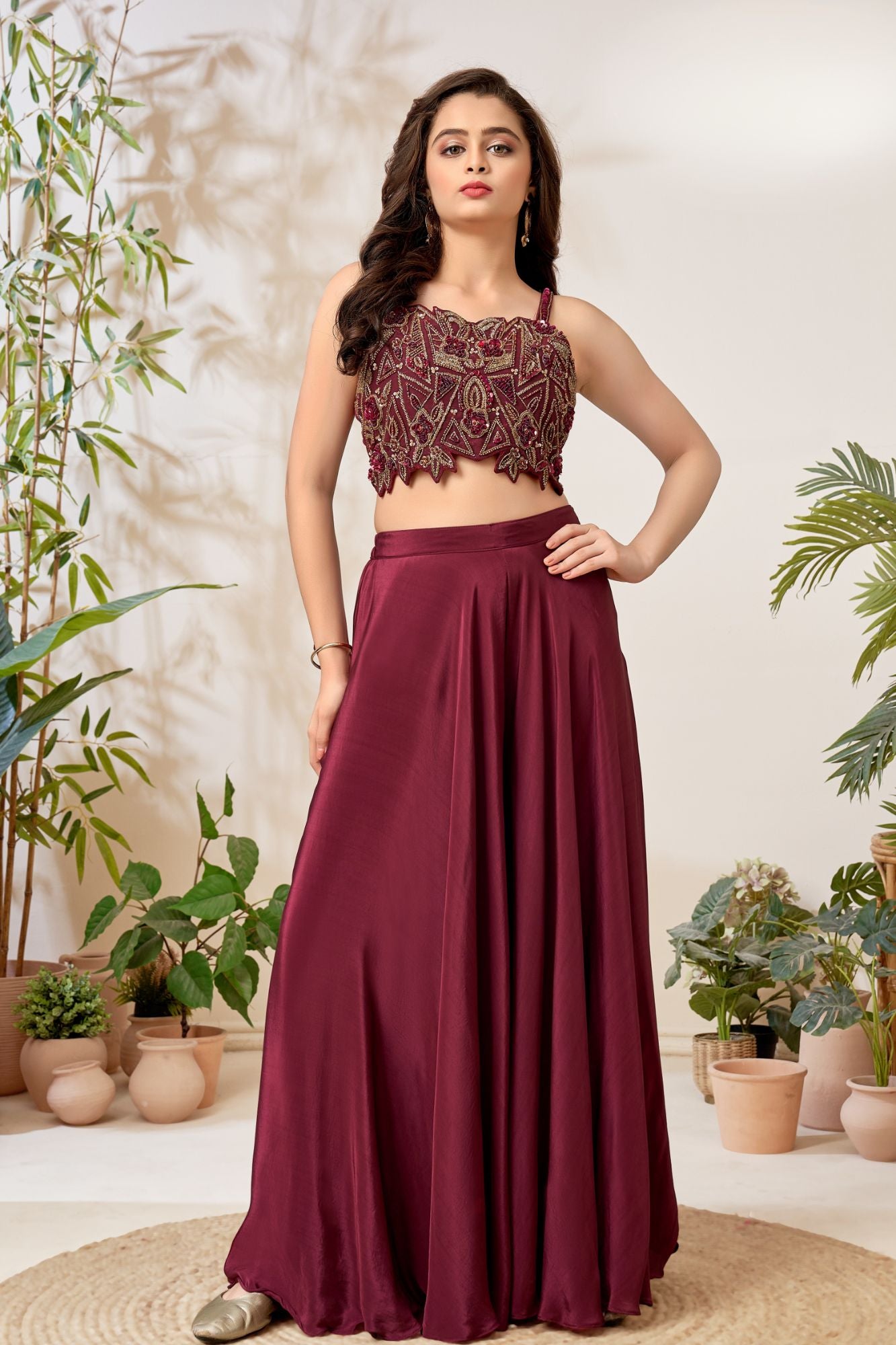 Plum Embroidered Crop Top with Flared Palazzo Set For Girls