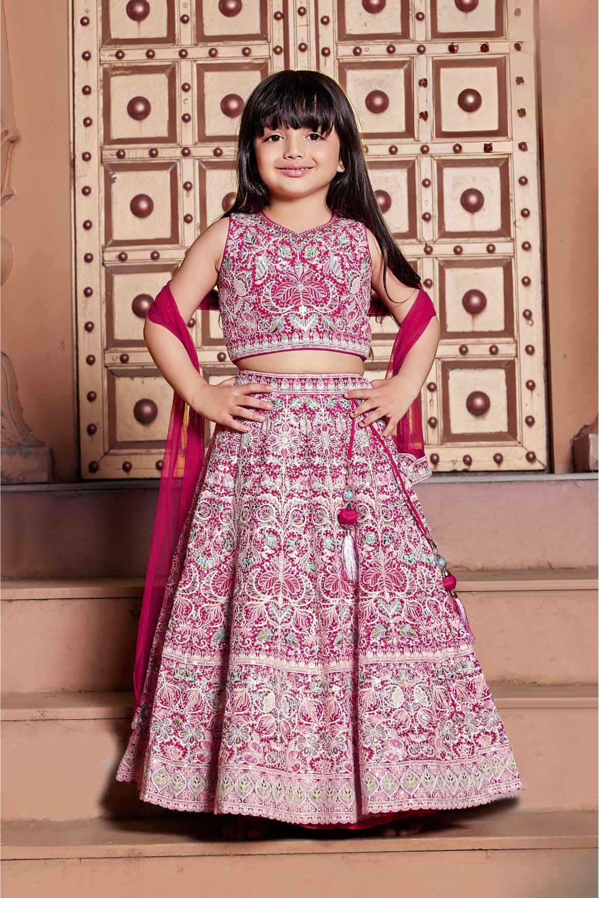 Red Sequin And Thread Embroidery Work Lehenga Choli Set For Girls