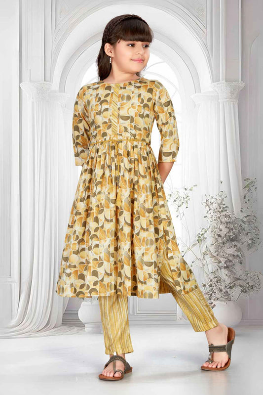 Mustard Printed Straight Kurta And Pant Set For Girls