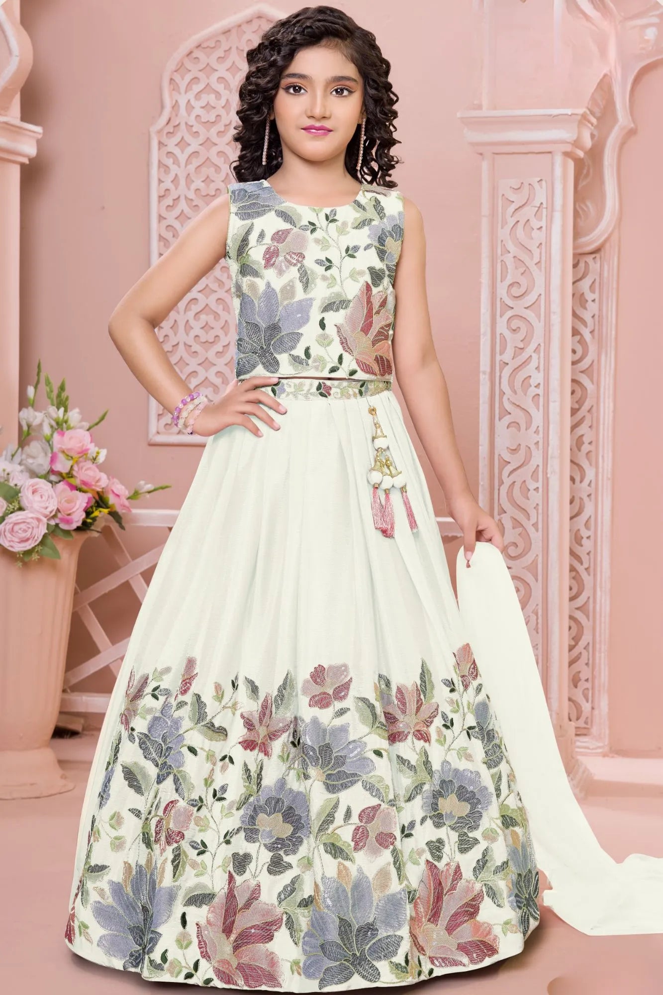 Cream Floral Embroidered Lehenga Choli And Dupatta For Girls