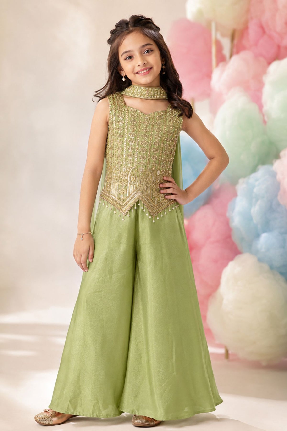 Elegant Pista Embroidered Palazzo Set with Dupatta
