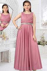 Onion Pink Shimmer Net Gown With Stone Waist Band For Girls