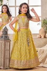 Mustard Embroidered And Sequin Work Lehenga Choli For Girls