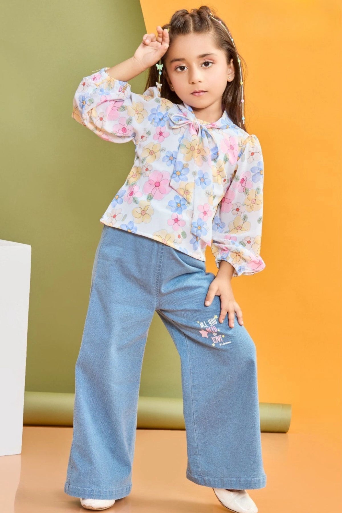 Floral Top with Wide-Leg Denim Jeans Set For Girls