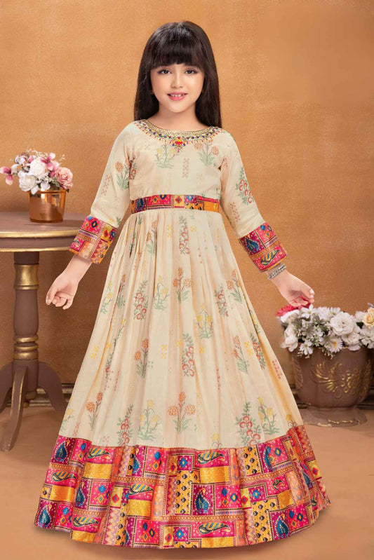 Designer Beige And Rani Pink Floral Printed Ethnic Gown With Multicolor Borders For Girls