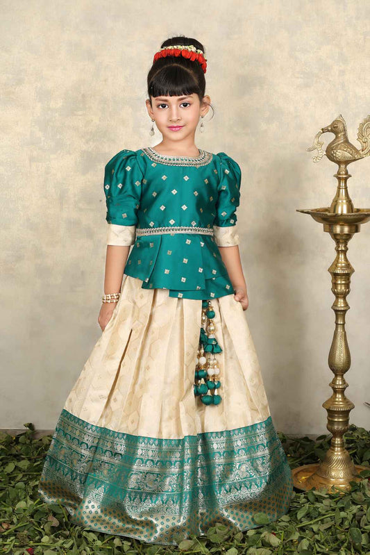Green And Cream Banarasi Silk Pattu Lehenga Choli Set For Girls