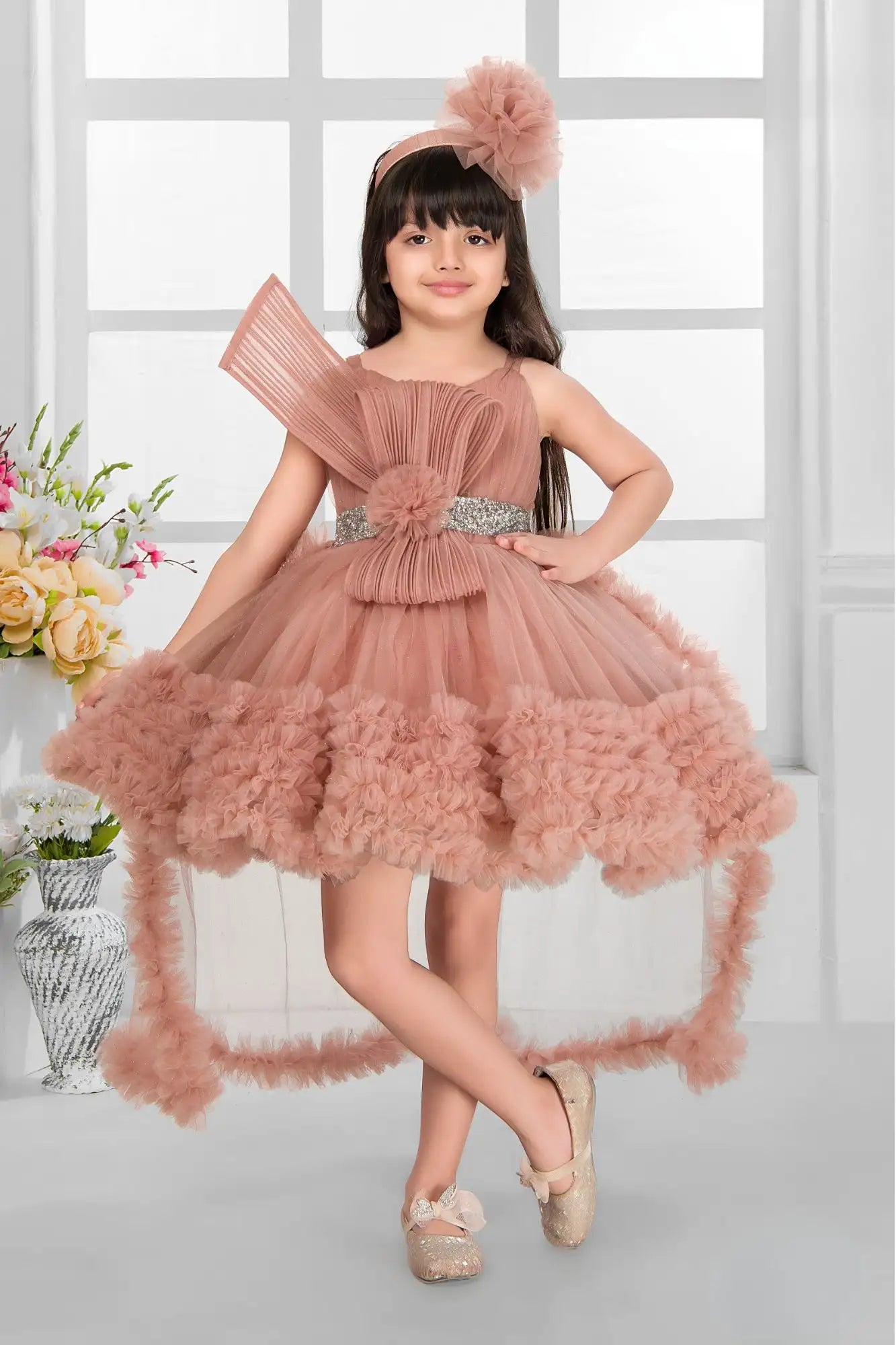 Dusty Pink Shimmer Party Gown with Dramatic Ruffles And Bow Accent For Girls